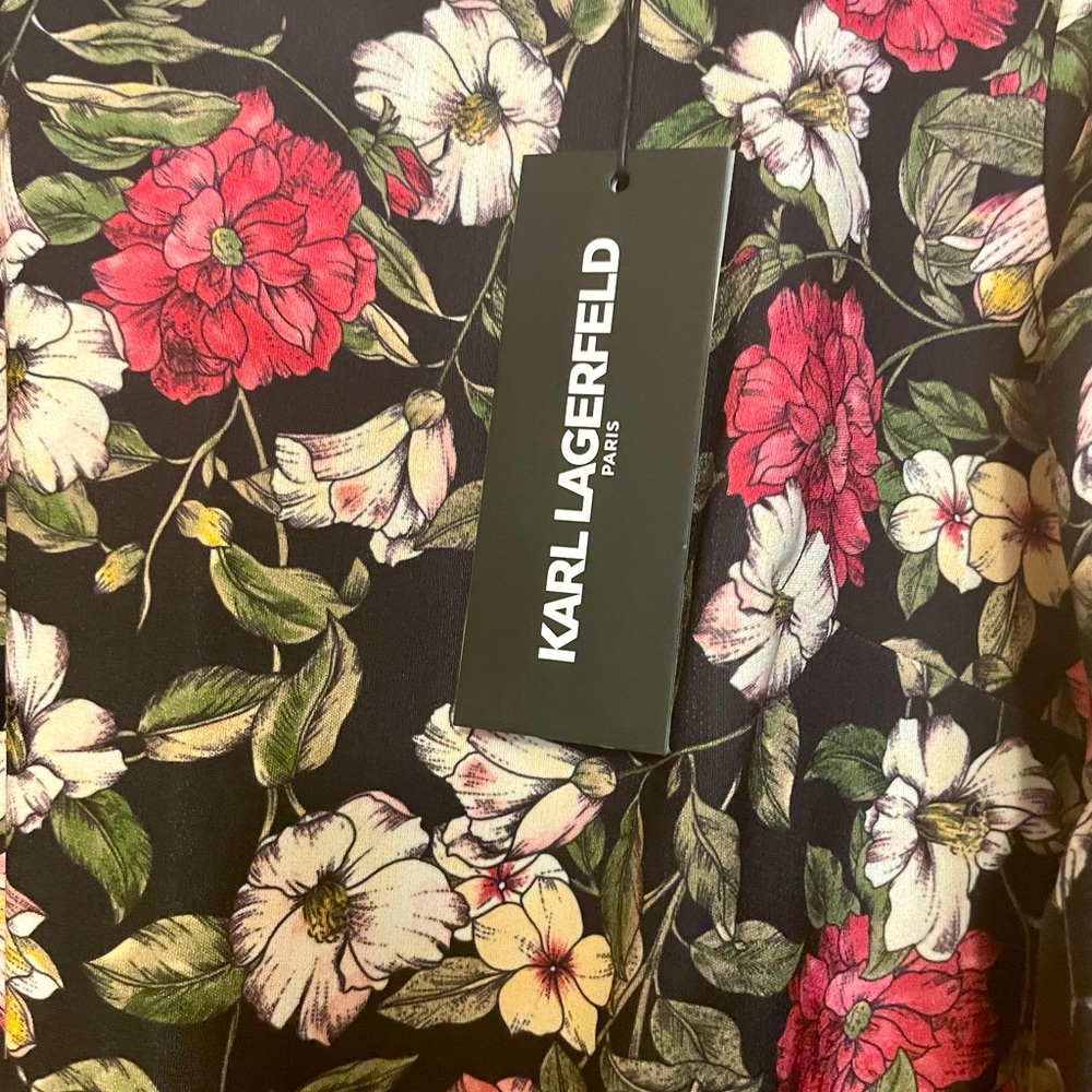 Karl Lagerfeld Paris NWT Floral Bell Sleeve Shift Dress 6 Black Pink - Picture 4 of 8